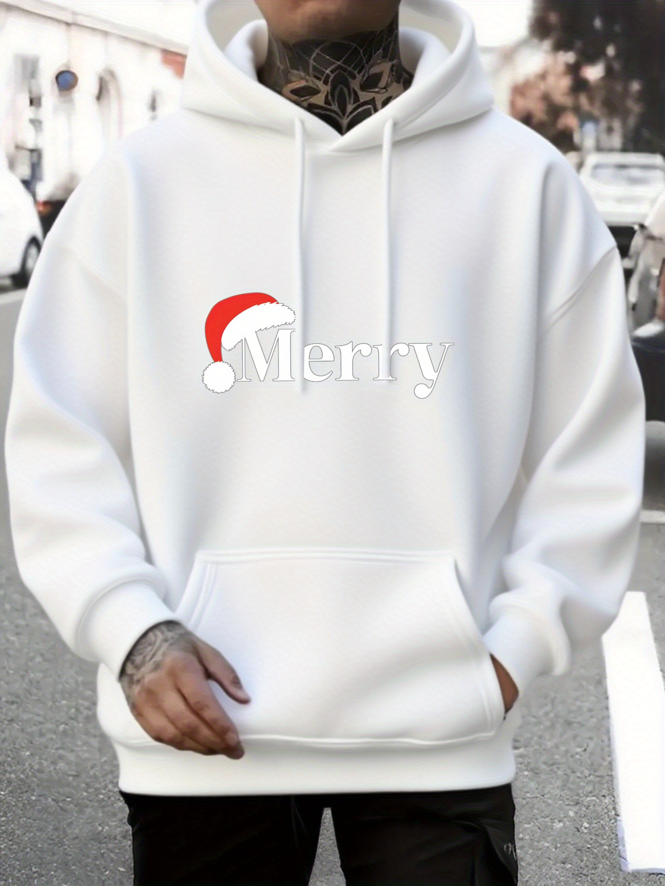 Men's Graphic Hoodie Merry With Red Santa Hat Under Bright Winter Sunlight Hoodie
