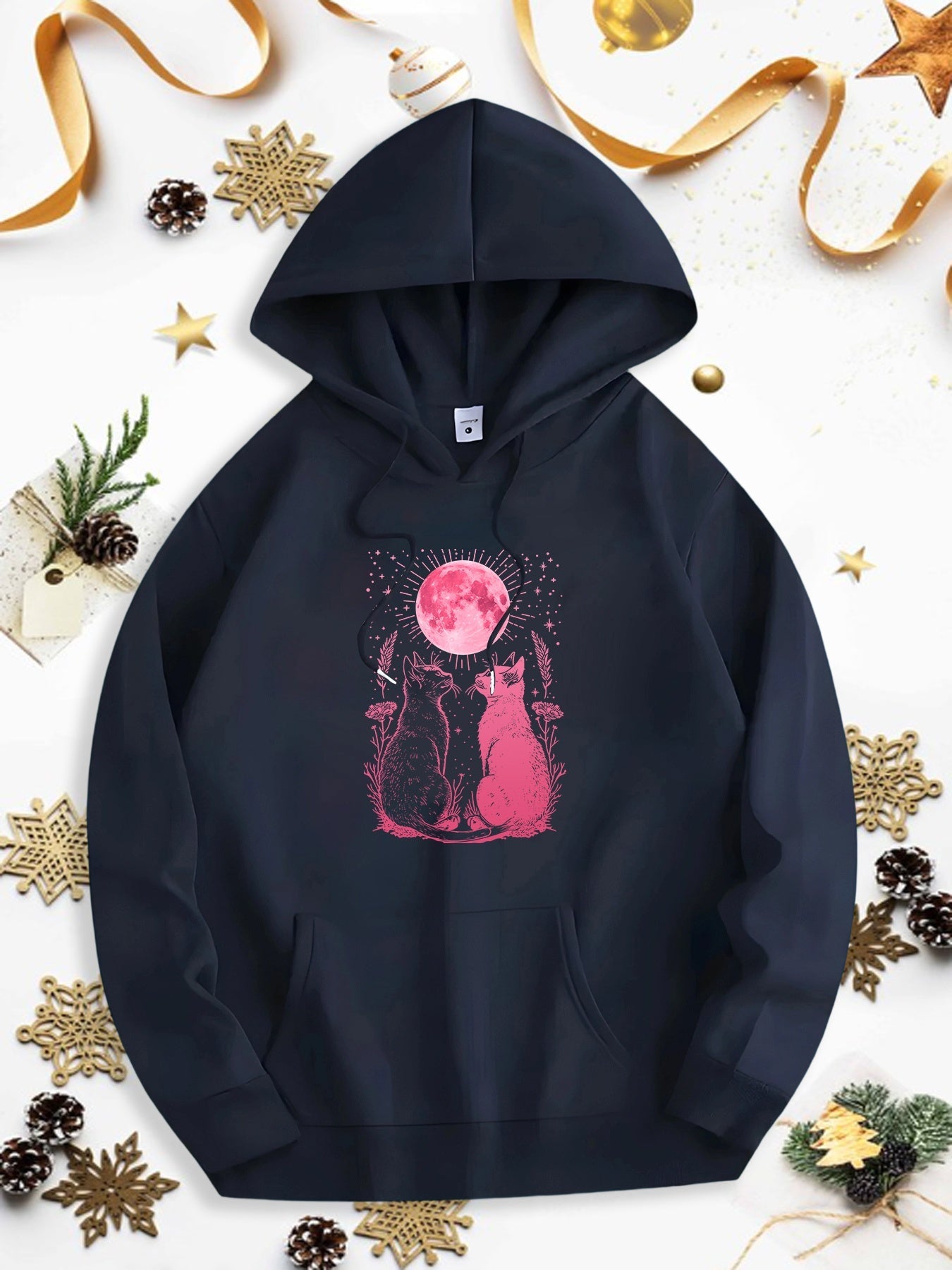 Men's Graphic Hoodie Starry Night With Pink Moon Above Two Cats