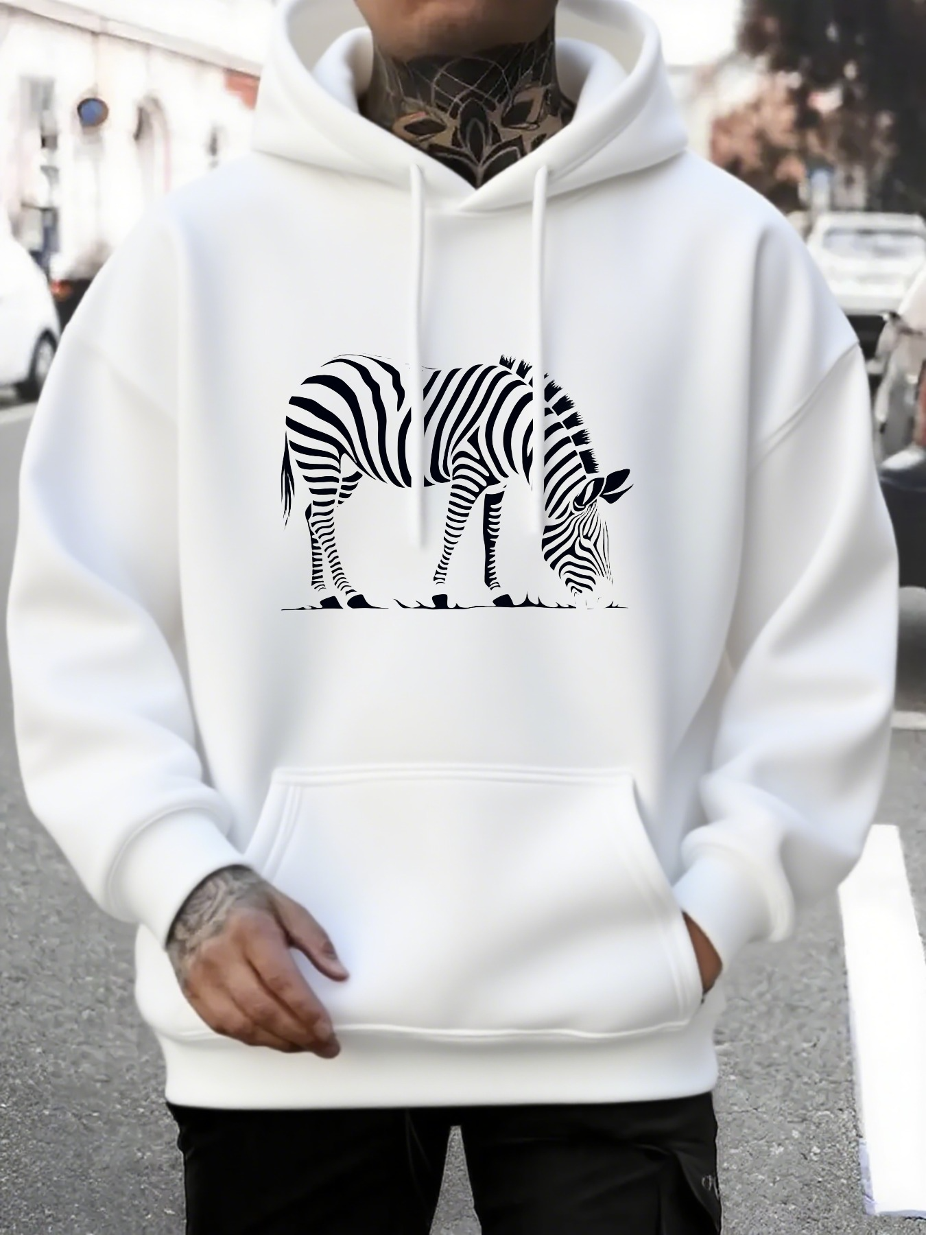 Men's Graphic Hoodie Grazing Tranquil Zebra Among Sunlit Urban Morning Street Zebra