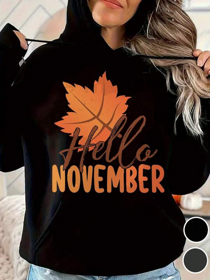 Women's Graphic Hoodie Hello November With Orange Maple Leaf And Autumn Feeling Hoodie