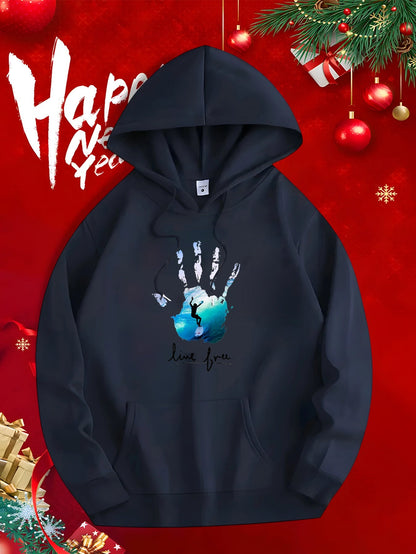 Men's Graphic Hoodie Love You Blue Ink Handprint Heart Under Winter Sky Hoodie