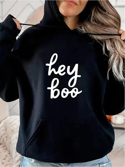 Women's Graphic Hoodie Hey Boo Playful Bold White Script Hoodie