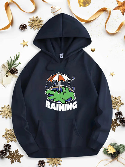 Men's Graphic Hoodie Raining Playful Cartoon Style Frog Under Umbrella With Falling Raindrops