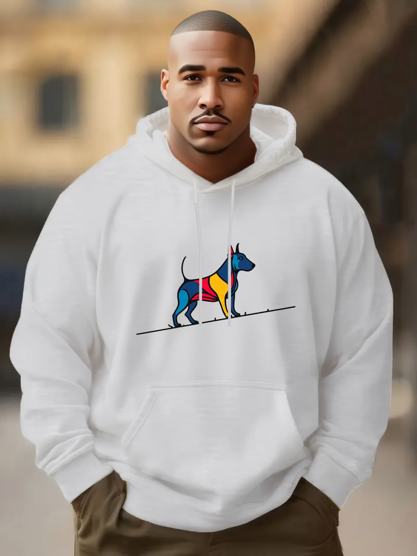 Men's Graphic Hoodie Colorful Modern Abstract Shapes With Standing Dog Silhouette Dog