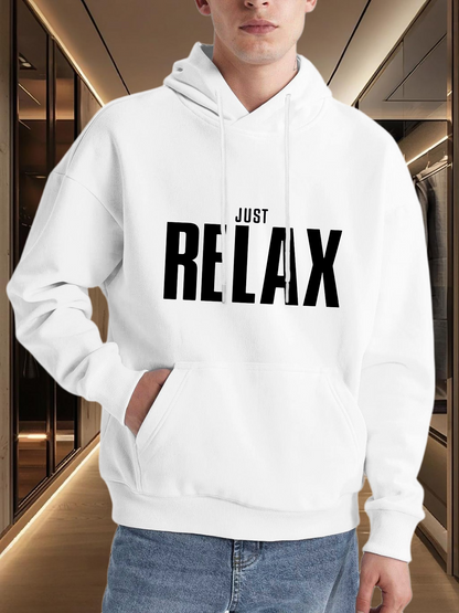 Men's Graphic Hoodie Just Relax Bold Letters On Minimal Chic White Hoodie