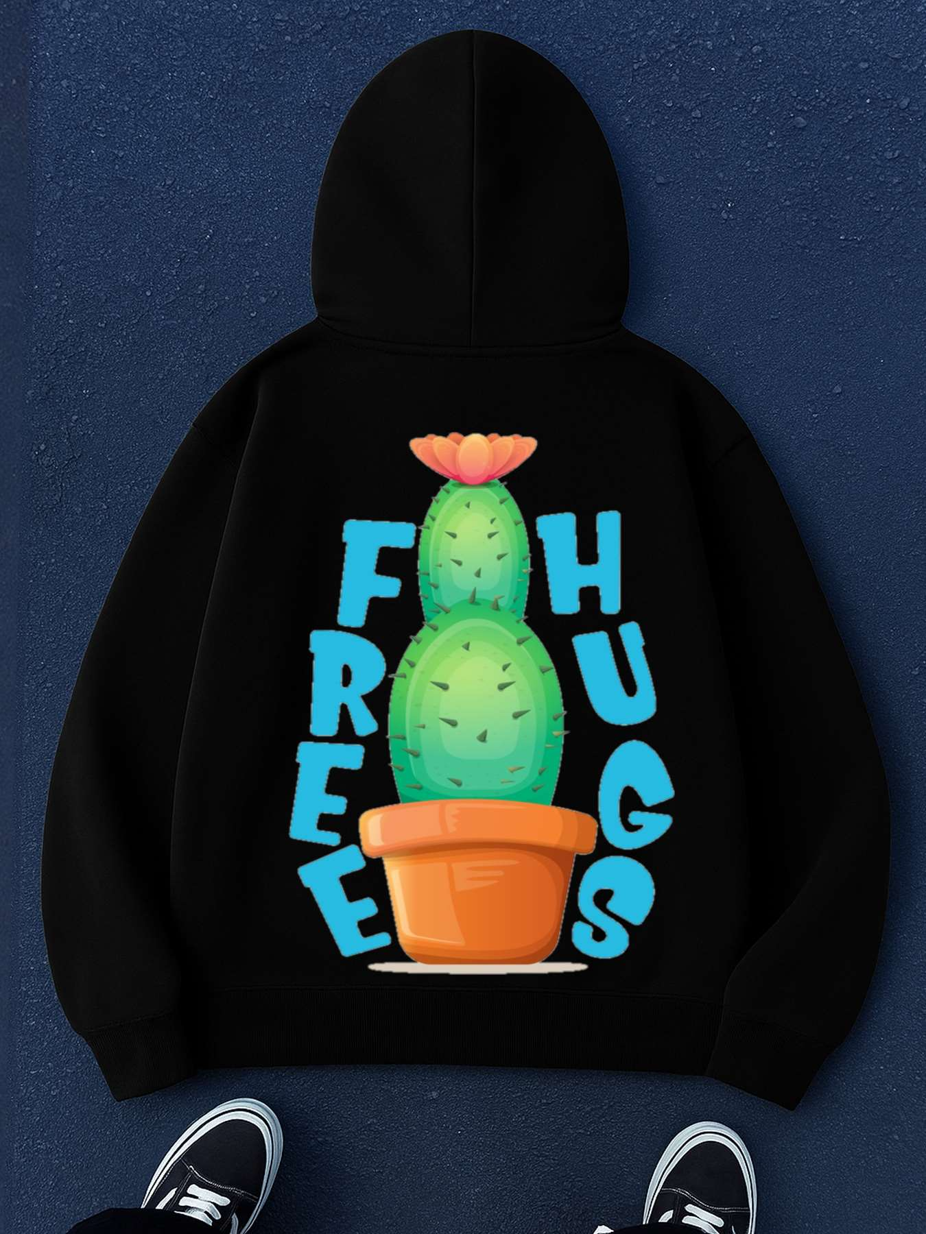 Men's Graphic Hoodie Free Hugs Cartoon Cactus In A Vibrant Flower Pot Hoodie