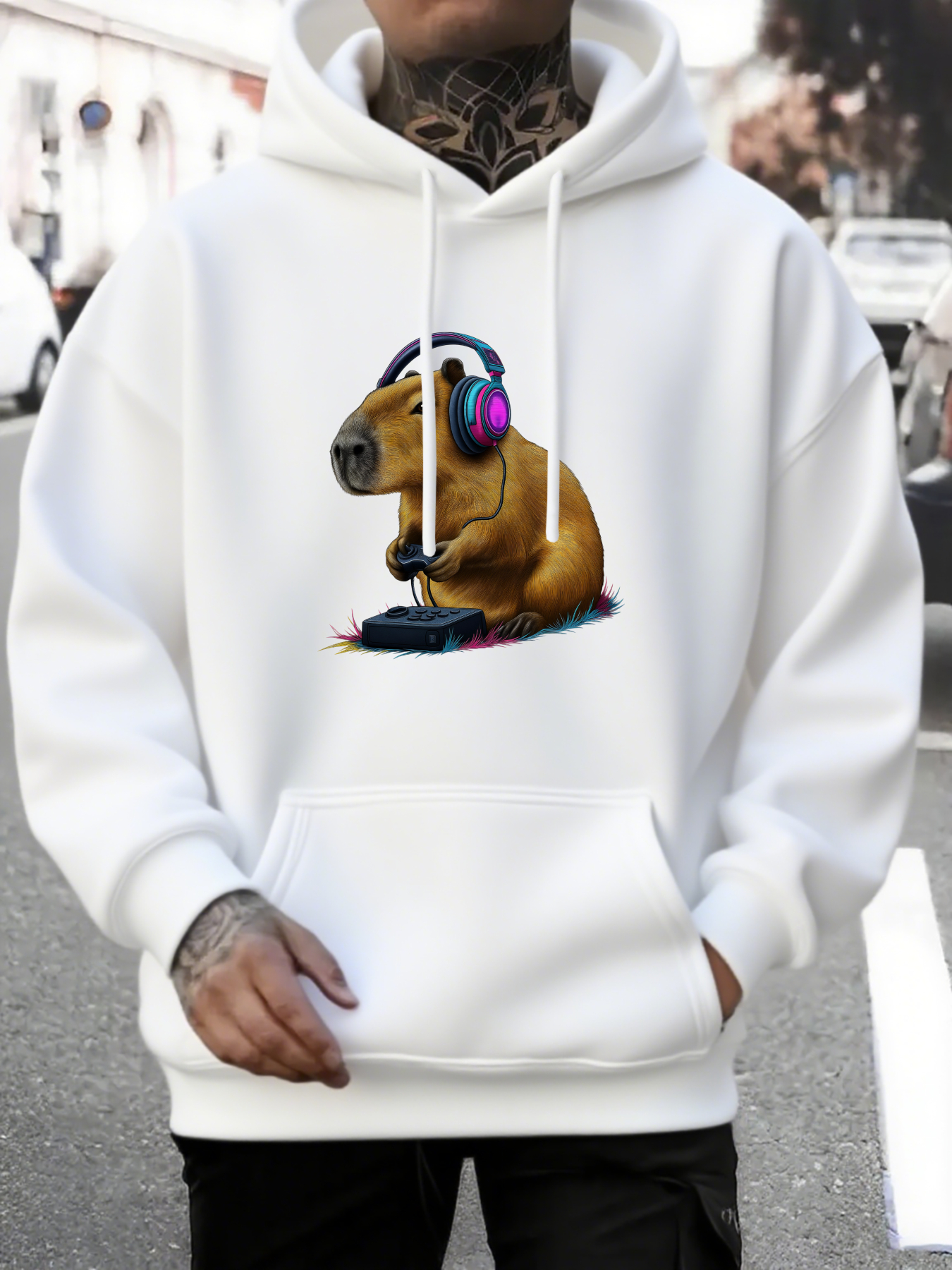 Men's Graphic Hoodie Capybara With Headphones Playing Electronic Music Device