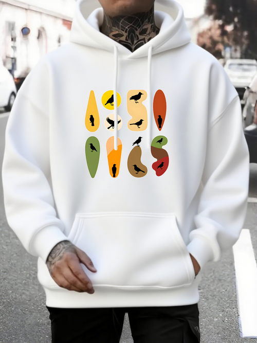 Men's Graphic Hoodie Minimalist Standing Birds With Colorful Abstract Shapes Birds