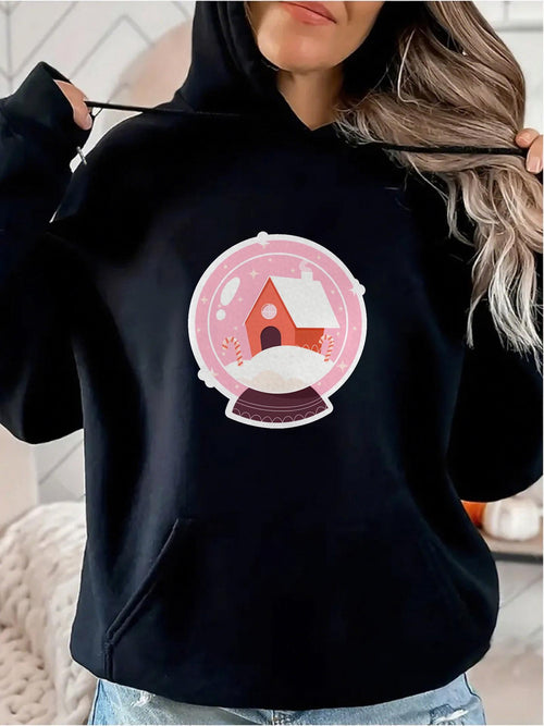 Women's Graphic Hoodie Snowy House Inside A Pink Winter Wonderland Globe