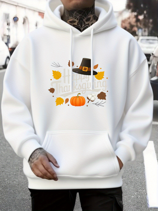 Men's Graphic Hoodie Autumn Leaves With Pilgrim Hat And Pumpkin Harvest Hoodie