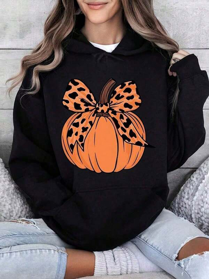 Women's Graphic Hoodie Wild Leopard Print Ribbon With Vibrant Autumn Orange Pumpkin