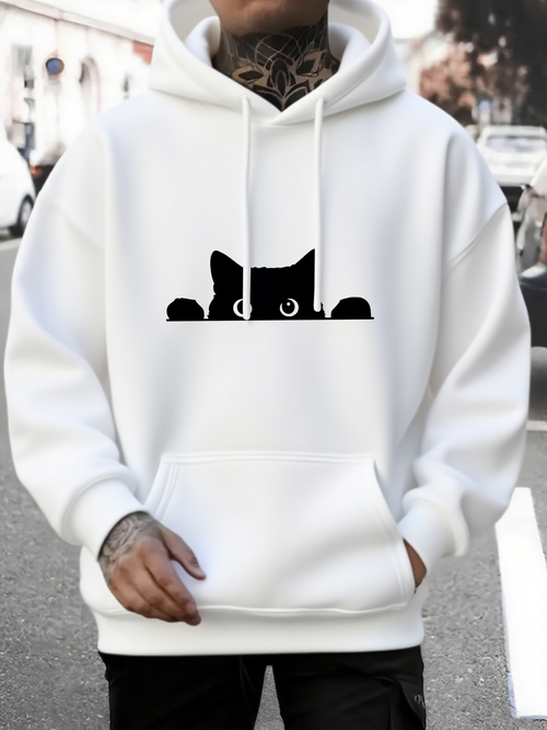 Men's Graphic Hoodie Playful Black Cat Peeking From The Edge Soft Silhouette Hoodie Cat