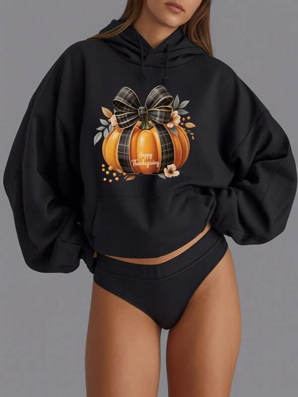 Women's Graphic Hoodie Plaid Bow With Harvest Leaves On Festive Autumn Pumpkin