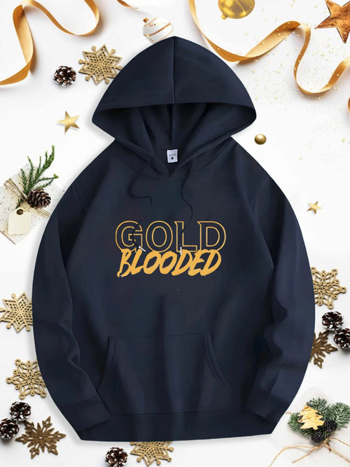 Men's Graphic Hoodie Gold Blooded Bold Lettering On Classic Black Hoodie