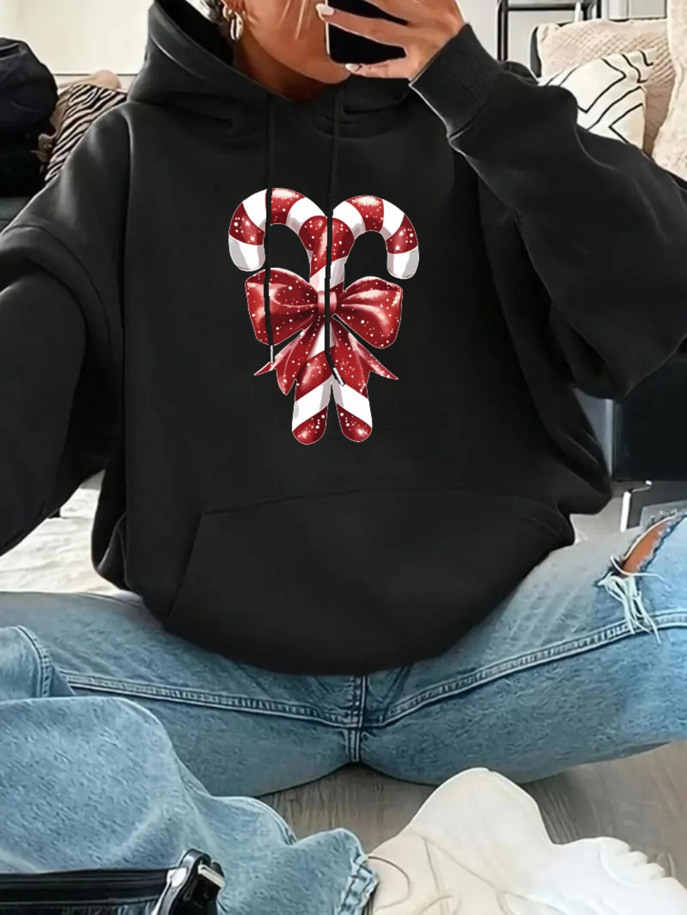 Women's Graphic Hoodie Red Bow With Crossed Christmas Candy Canes Sweet Candy