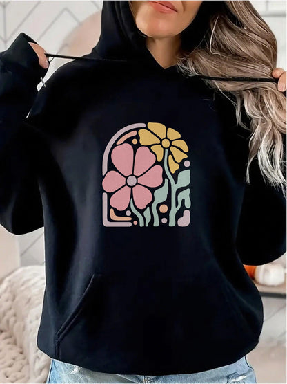 Women's Graphic Hoodie Soft Pastel Window Pattern Framing Blossoming Wild Garden Flower