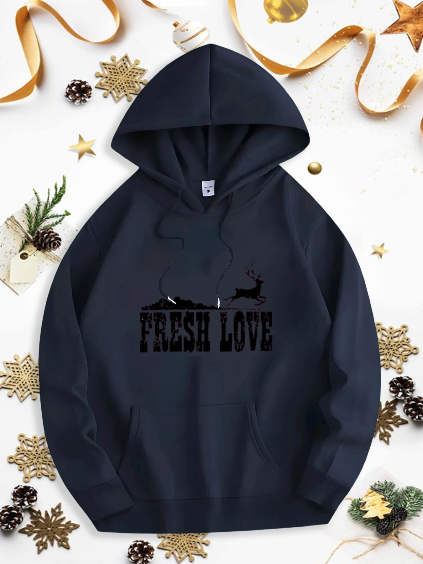 Men's Graphic Hoodie Fresh Love With Leaping Reindeer Above Snow Covered Hills Hoodie