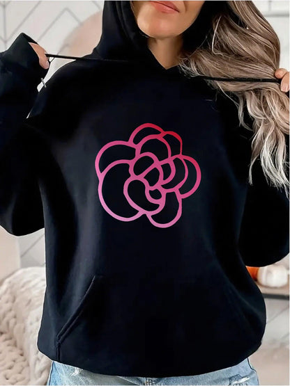 Women's Graphic Hoodie Bold Outlined Pink Curves Forming Abstract Artistic Rose Flower