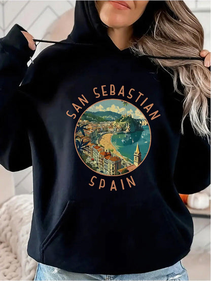 Women's Graphic Hoodie San Sebastian Spain Coastal Cityscape With Blue Water And Historic Architecture