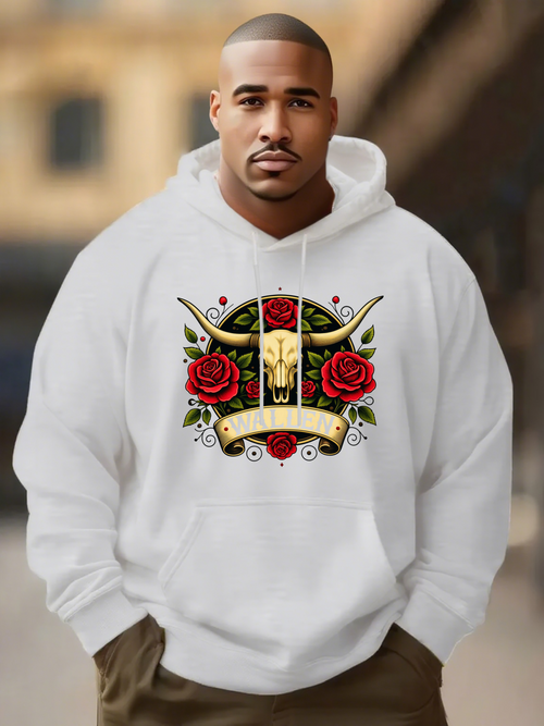 Men's Graphic Hoodie Vintage Cow Skull Surrounded By Red Roses And Tribal Patterns Skull