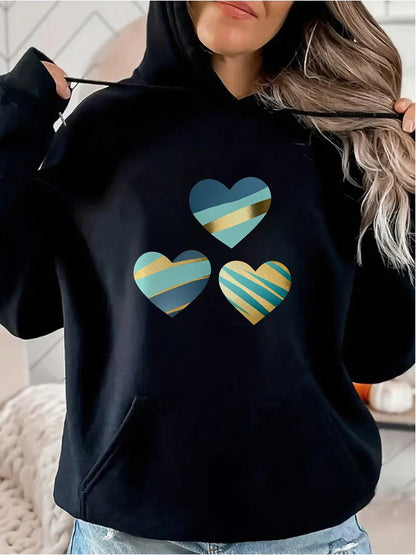 Women's Graphic Hoodie Abstract Striped Patterns With Blue And Yellow Hearts