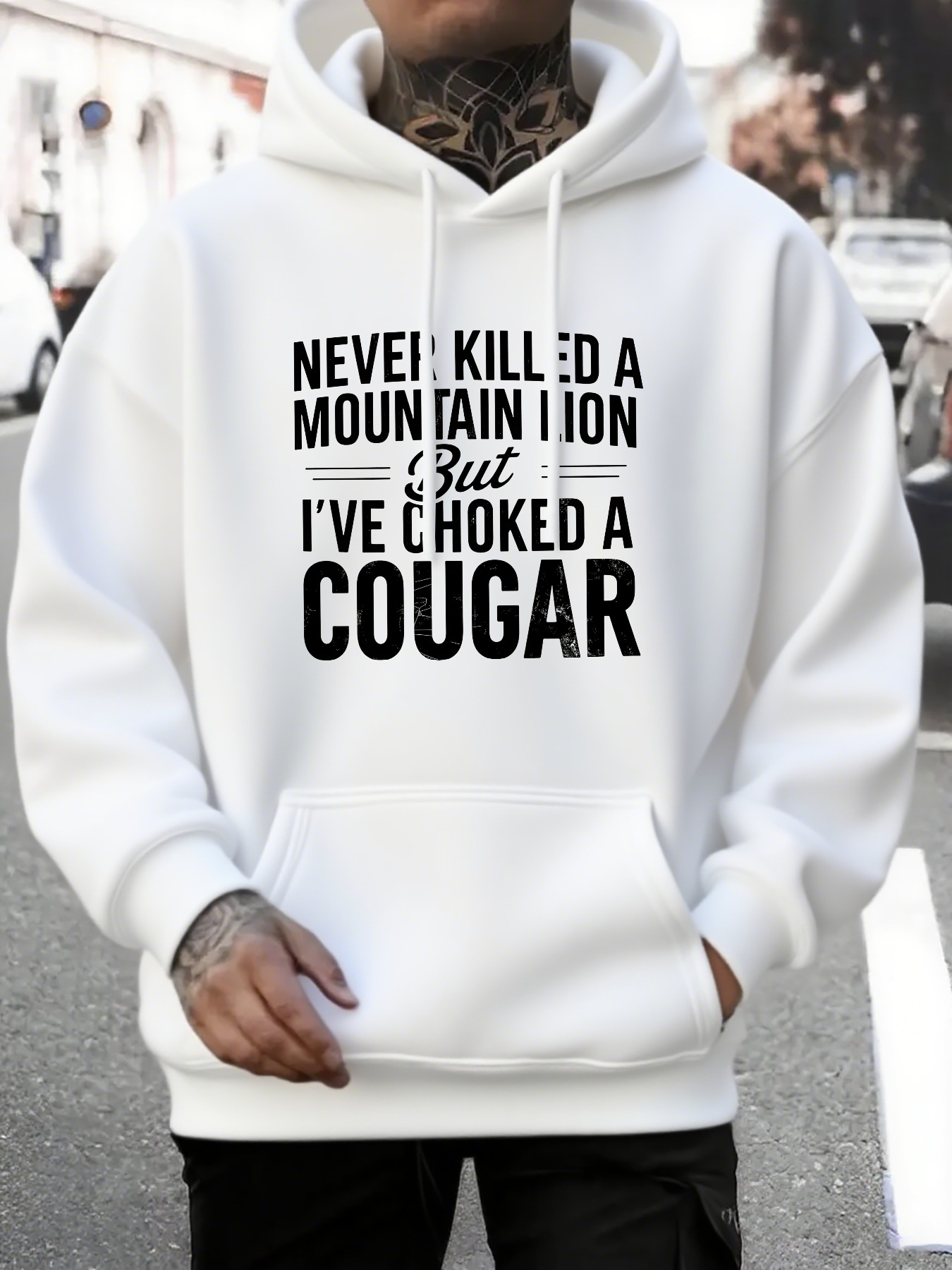 Men's Graphic Hoodie Never Killed A Mountain Lion But Ive Choked A Cougar Bold Urban Streetwear Hoodie