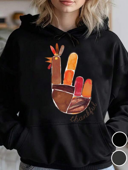 Women's Graphic Hoodie Thankful Peace Gesture Featuring Autumn Colors And Feathers Hand