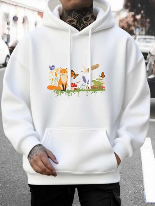 Men's Graphic Hoodie Whimsical Garden With Flowers Butterflies Mushrooms And Playful Fox