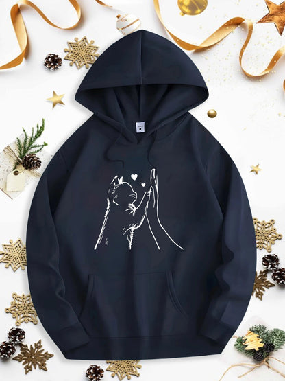 Men's Graphic Hoodie Minimalist Line Art With Hand Reaching For Cat And Three Hearts Cat