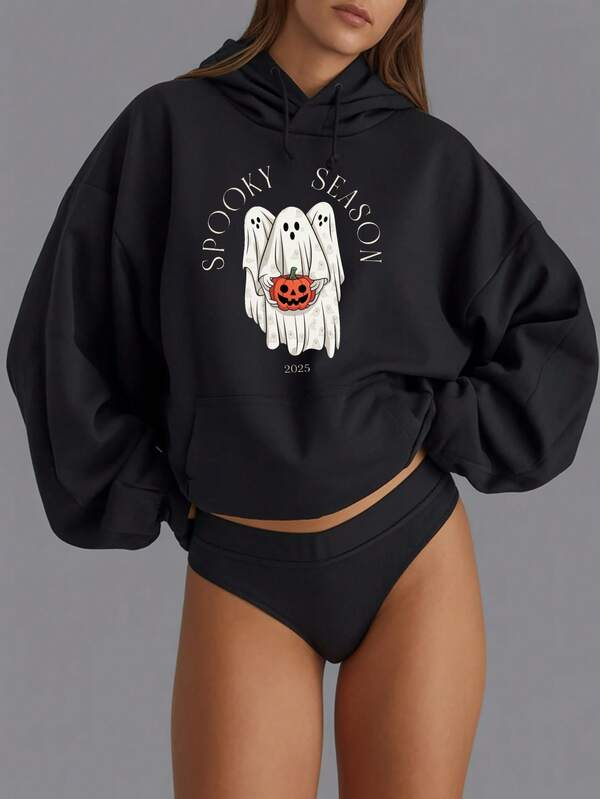 Women's Graphic Hoodie Spooky Season Floating Ghosts With Pumpkin Under Crescent Moon Night Ghost
