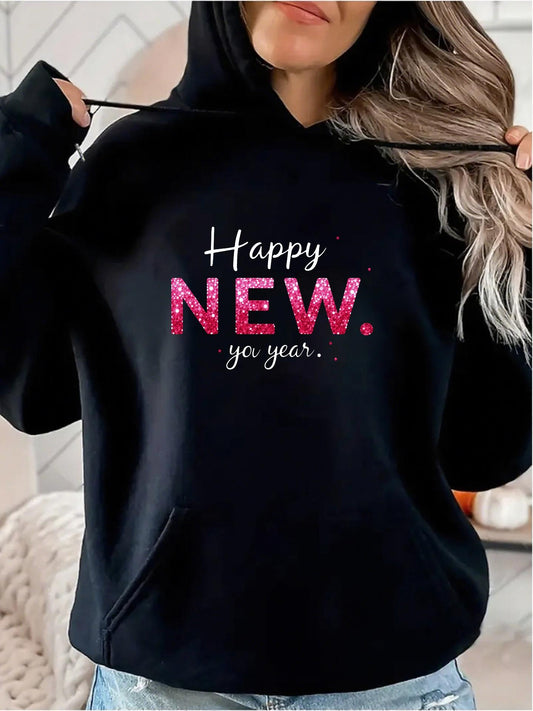 Women's Graphic Hoodie Happy New Year Bright Glitter Gradient Text With Festive Lettering Celebration