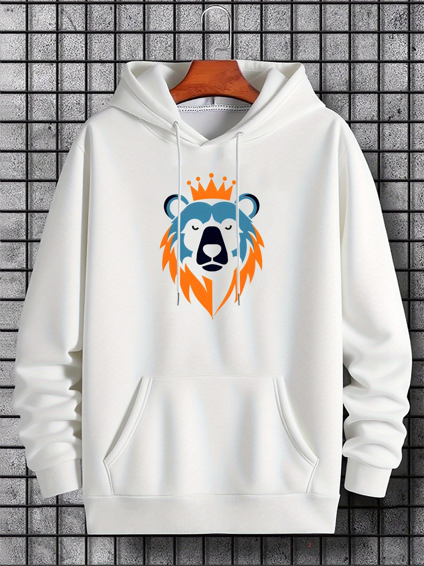Men's Graphic Hoodie Playful Blue Orange Crowned Bear Portrait Hoodie