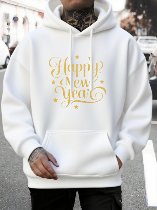 Men's Graphic Hoodie Happy New Year Decorative Lettering With Gold Sparkles And Swirl Star Accents Hoodie