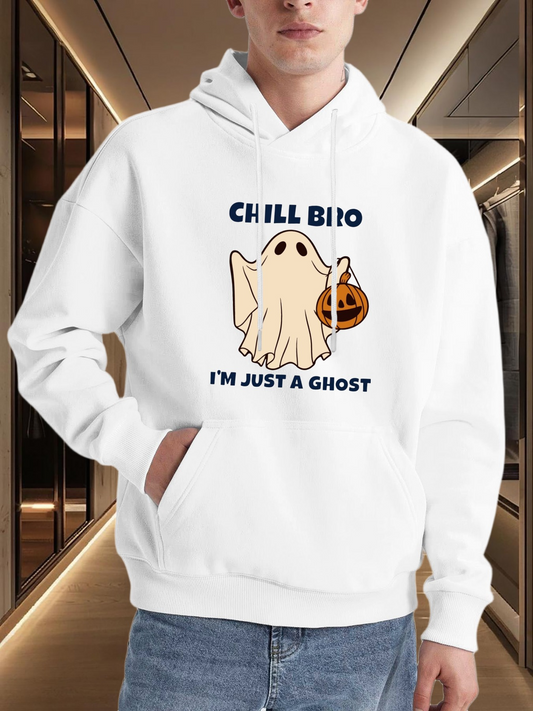 Men's Graphic Hoodie Chill Bro With Trick Or Treat Pumpkin And Playful Cartoon Ghost