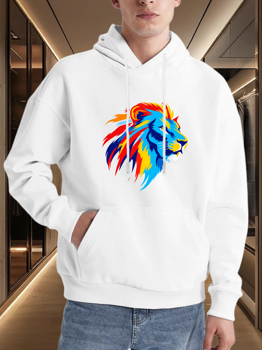 Men's Graphic Hoodie Vibrant Abstract Color Splash Surrounding Majestic Lion Illustration Lion