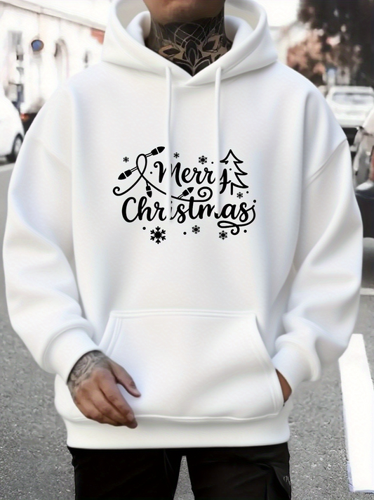 Men's Graphic Hoodie Merry Christmas Handwritten With Snowflakes Surrounding A Festive Tree