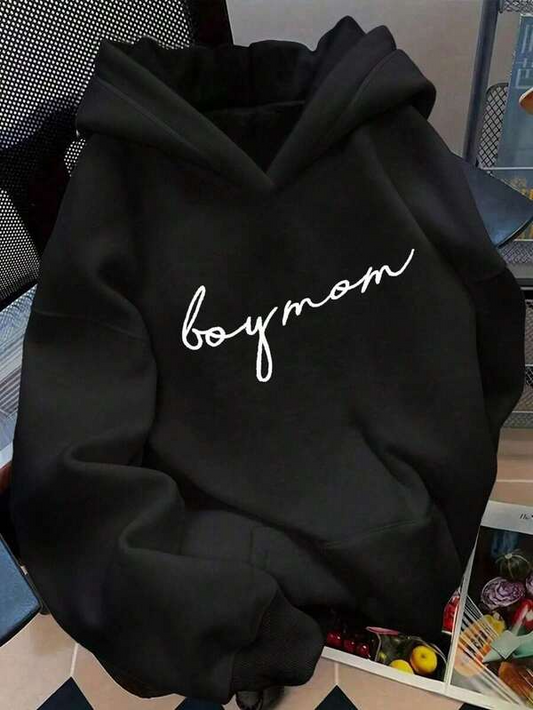 Women's Graphic Hoodie Handwritten Script In White Over Cozy Black Hoodie Boymom