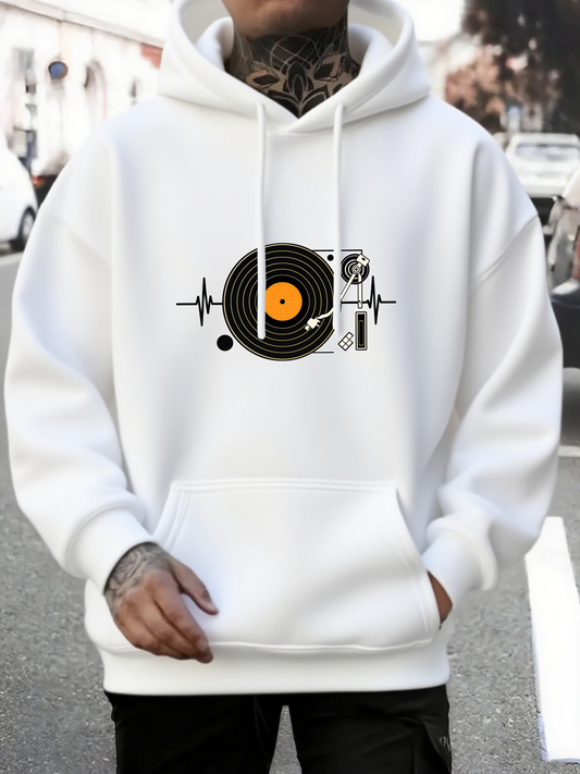 Men's Graphic Hoodie Spinning Vinyl Record With Sound Waves And Orange Centerpiece Turntable