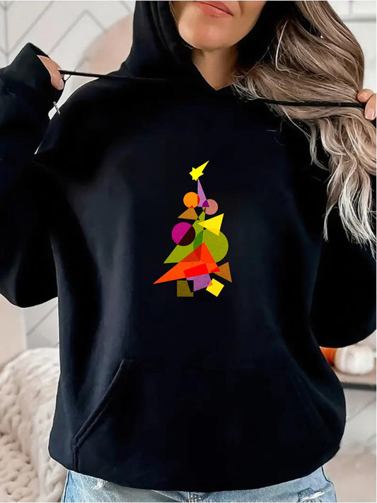 Women's Graphic Hoodie Colorful Geometric Shapes Arranged As Christmas Tree