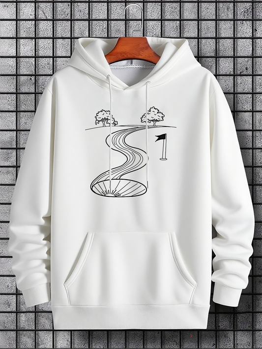 Men's Graphic Hoodie Winding Path Passing Flag And Trees Over Spiral Hole