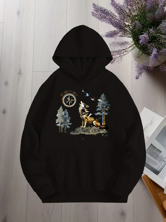 Men's Graphic Hoodie Starry Night With Trees And Wolf Howling On Forest Rock