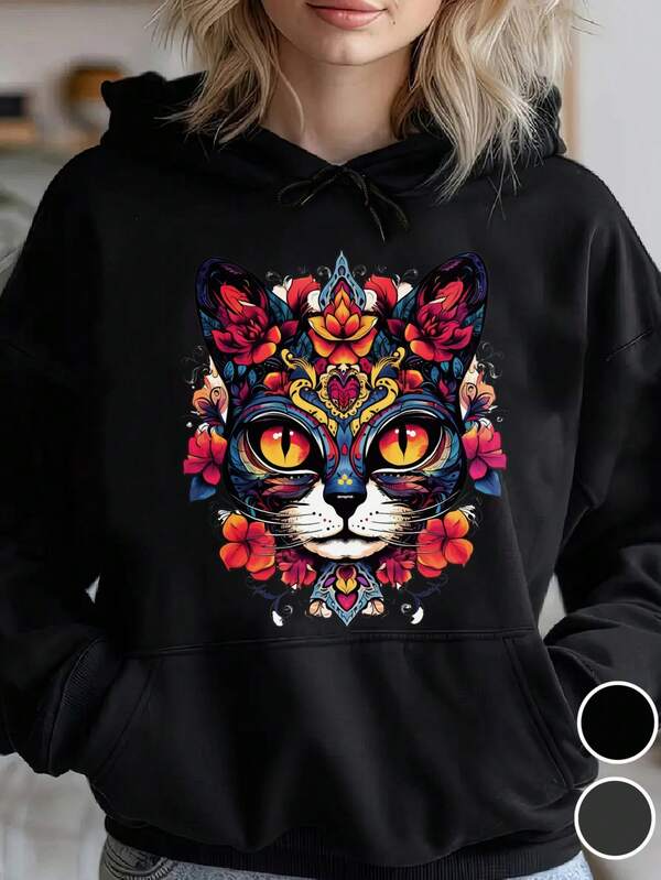 Women's Graphic Hoodie Vivid Floral Ornament Patterns Among Brilliant Eyes Cat