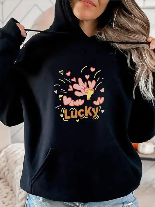 Women's Graphic Hoodie Lucky Pink Hearts Bursting Out With Golden Sparkles And Sweet Confetti