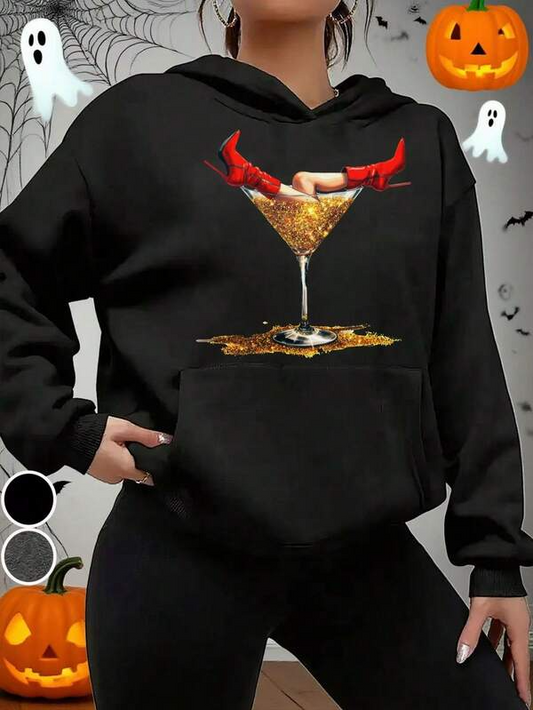 Women's Graphic Hoodie Sparkling Halloween Martini With Red High Heels And Spilled Glitter Glass
