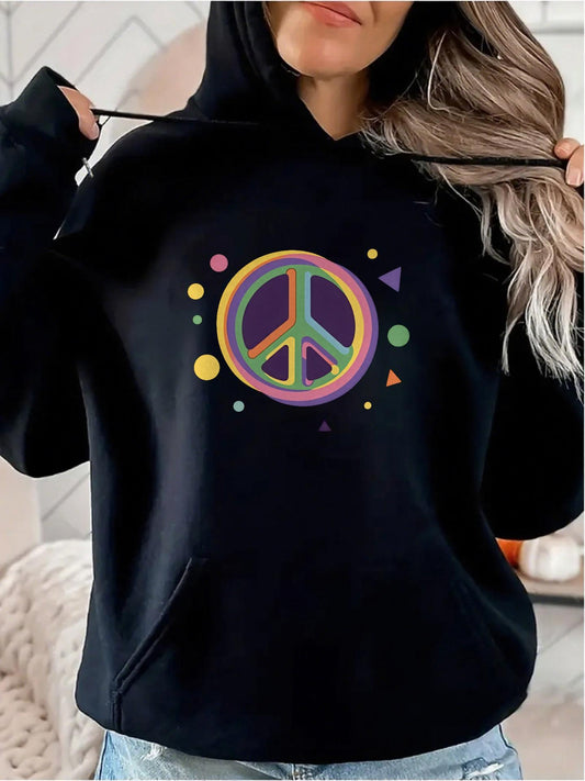 Women's Graphic Hoodie Colorful Dotted Symbols Surrounding Vibrant Peace Emblem Hoodie