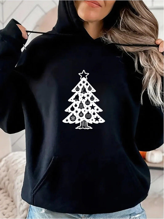 Women's Graphic Hoodie Winter Ornaments Patterned With Snowflakes On Festive Fir Tree