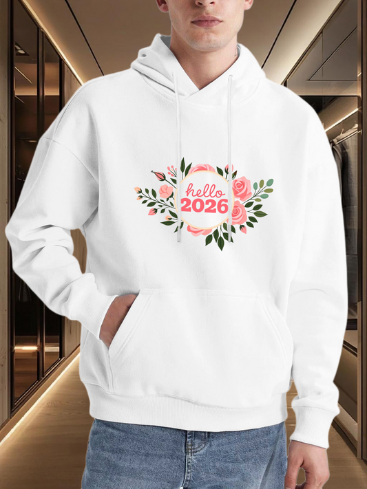 Men's Graphic Hoodie Hello 2026 Floral Wreath With Pink Blossoms Surrounding Green Leaves Hoodie