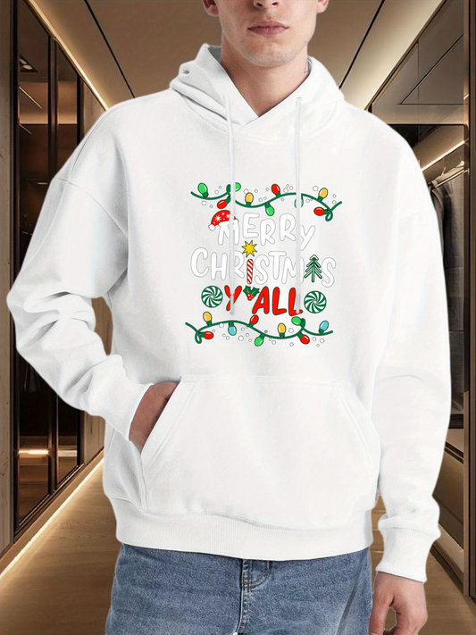 Men's Graphic Hoodie Merry Christmas Yall With Colorful Holiday Lights And Pine Trees Hoodie