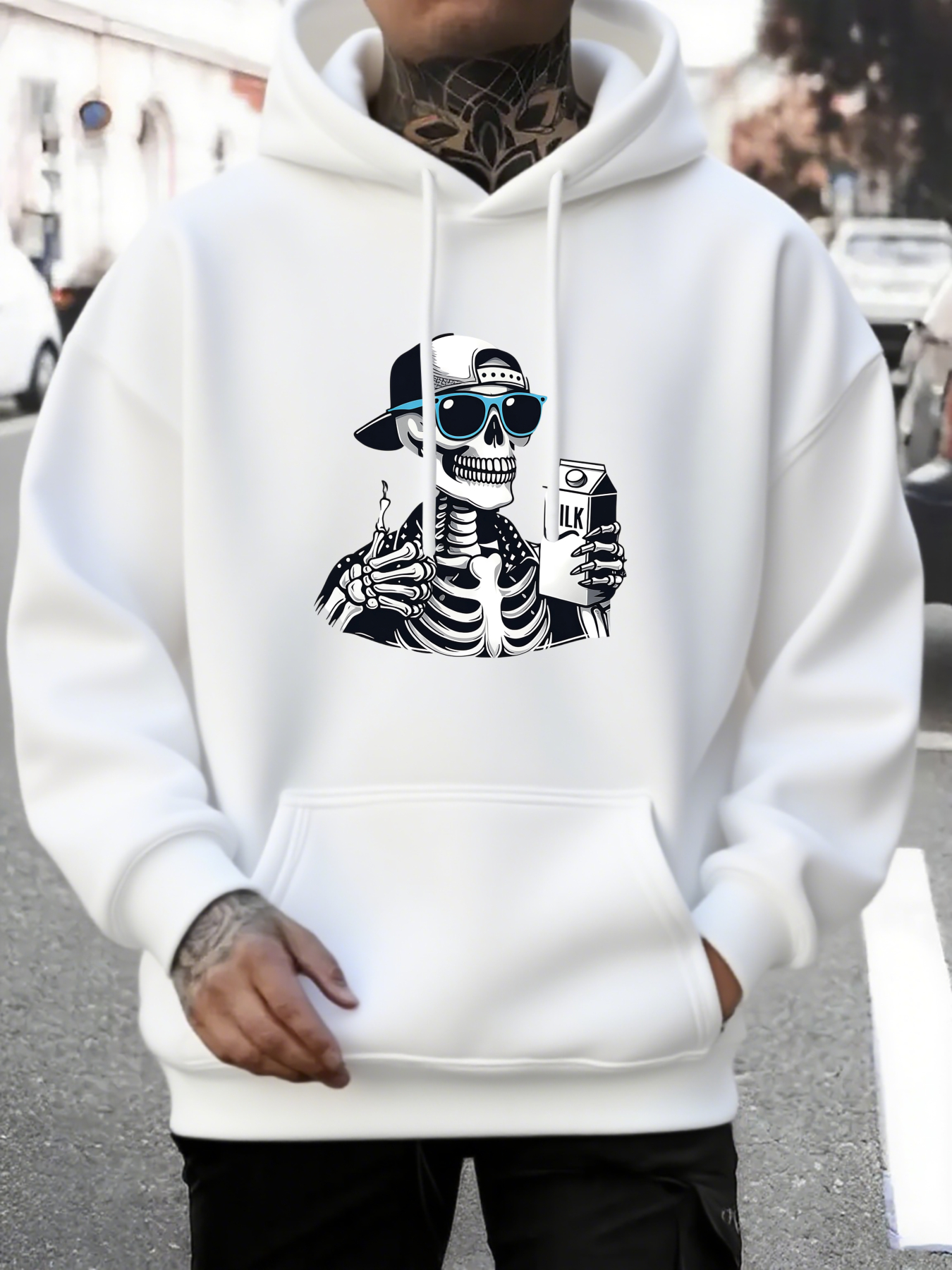 Men's Graphic Hoodie Cool Skeleton Wearing Sunglasses With Hat Holding Drink Skeleton
