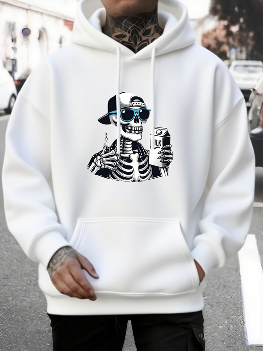 Men's Graphic Hoodie Cool Skeleton Wearing Sunglasses With Hat Holding Drink Skeleton
